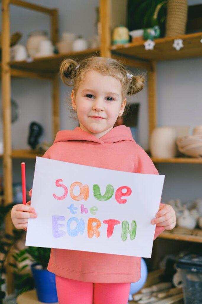 Young caucasian girl with a sign advocating for environmental awareness indoors.
